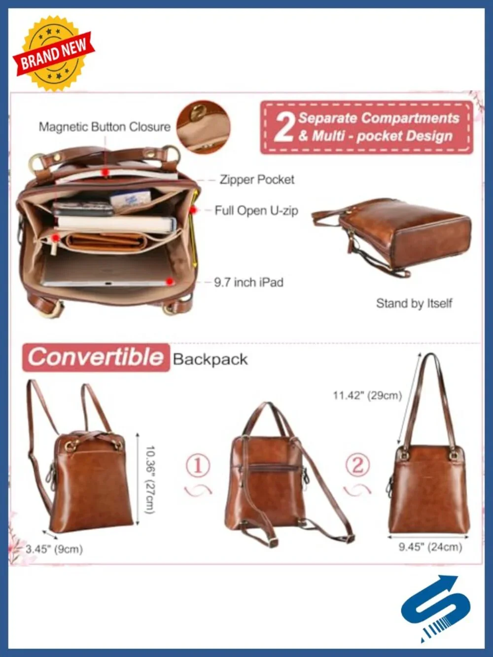 Convertible Leather Backpack Purse for Women, Lightweight Daypack with